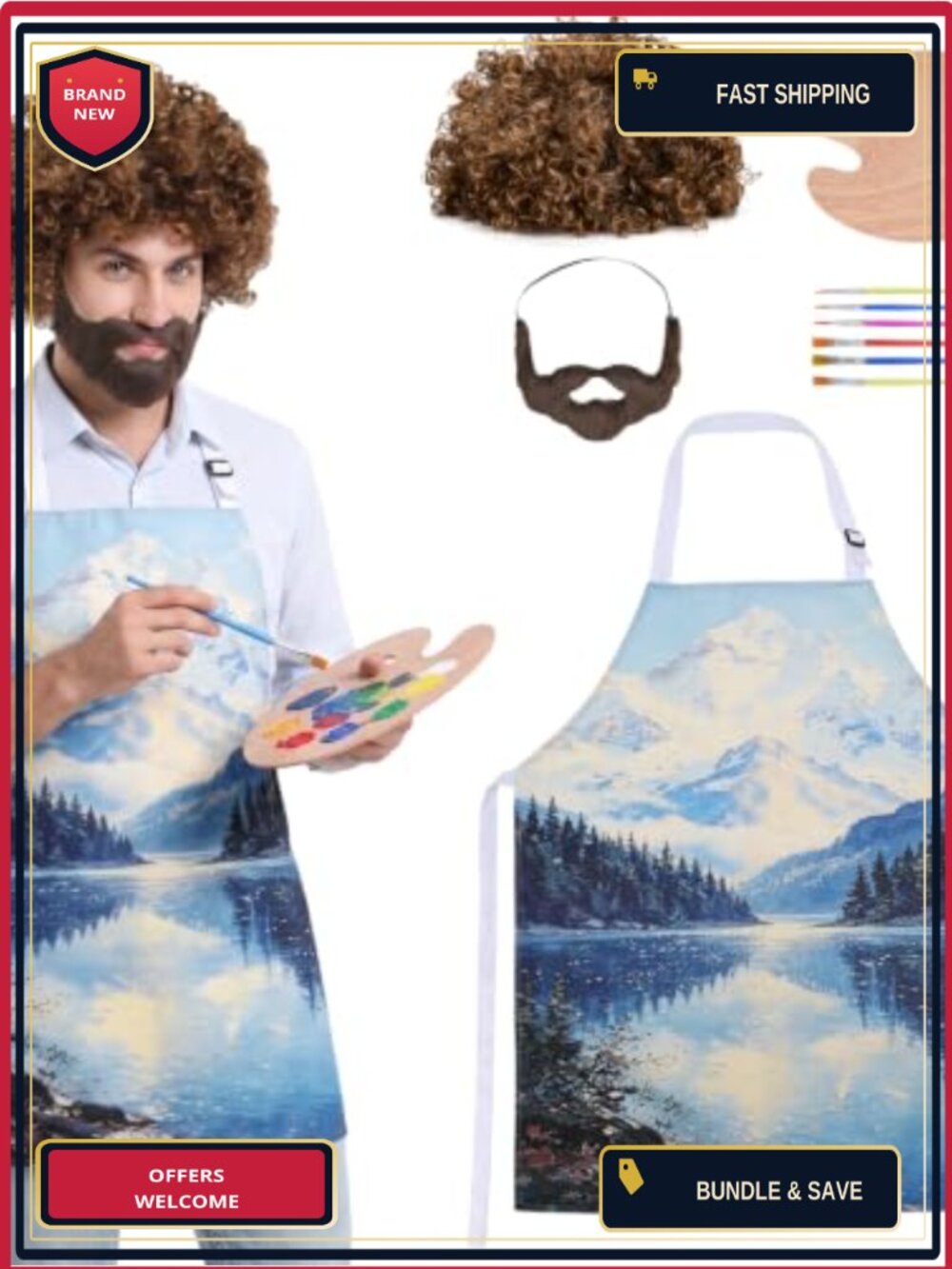 80s Painter Costume Set Wig Beard Apron Palette Brushes Halloween Cosplay